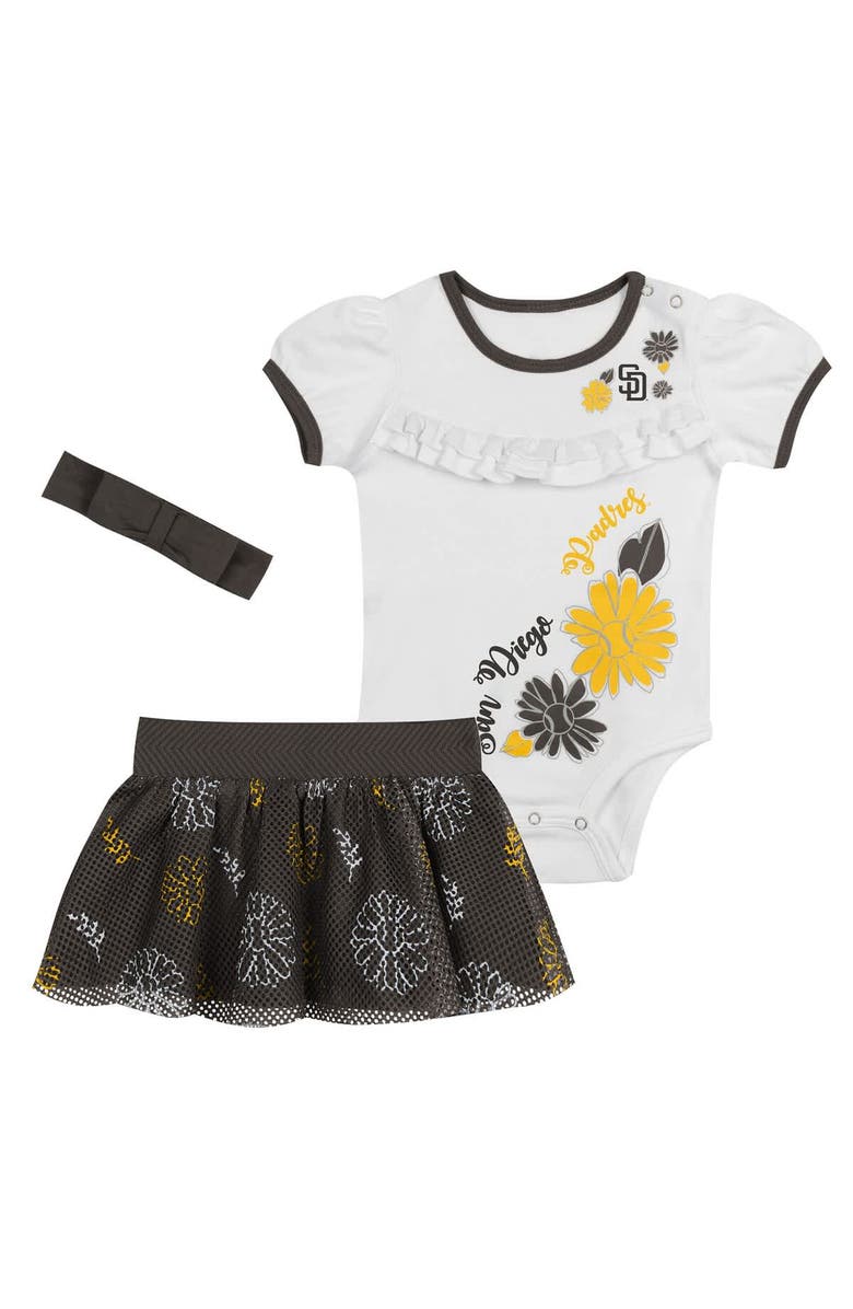 Outerstuff Newborn White/Brown San Diego Padres Sweet Catcher 3-Piece Bodysuit, Headband and Skirt Set, Main, color, White