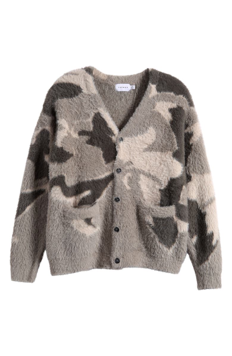 Topman Abstract Print Fuzzy V-Neck Oversize Cardigan, Alternate, color, Grey