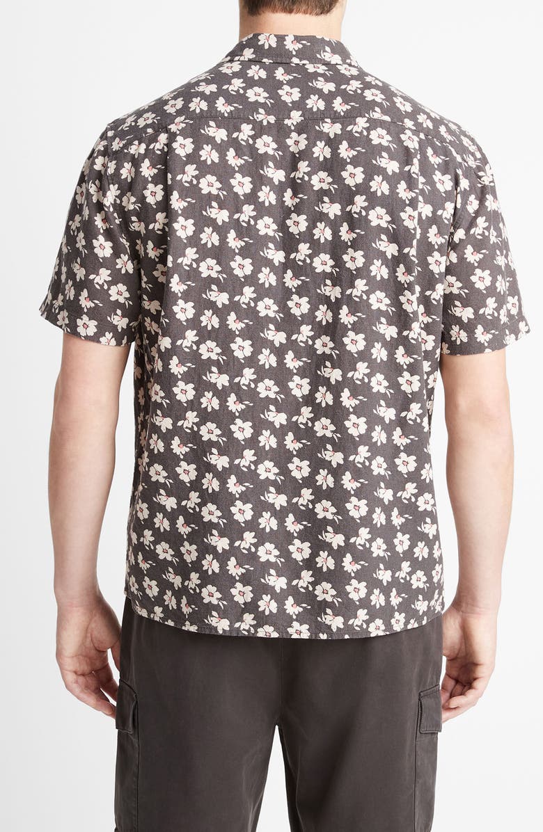 Vince Abstract Daisies Short Sleeve Linen Blend Button-Up Shirt, Alternate, color, Soft Black/ Sea Salt