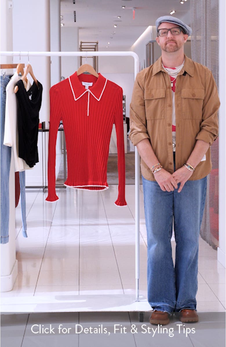 Tipped Ribbed Ruffle Trim Polo Sweater, sales video thumbnail