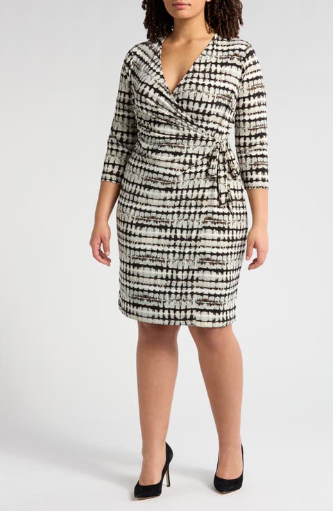 Abstract Print Long Sleeve Wrap Dress (Plus)