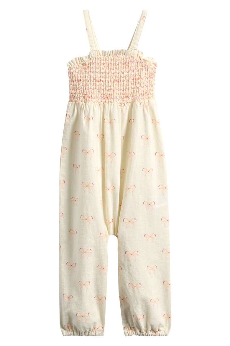 Bow Smocked Bodice Organic Cotton Jumpsuit, Main, color, OFF WHITE