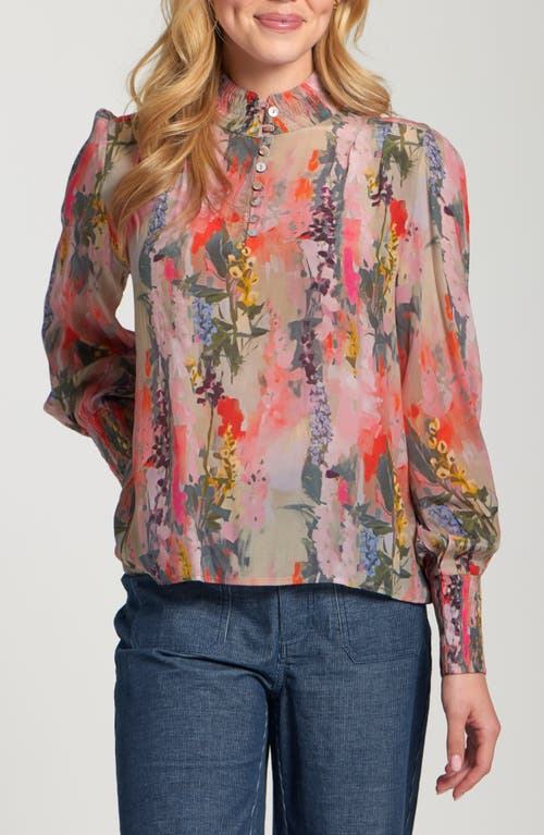 Apny Puff Shoulder Button Front Top In Multi