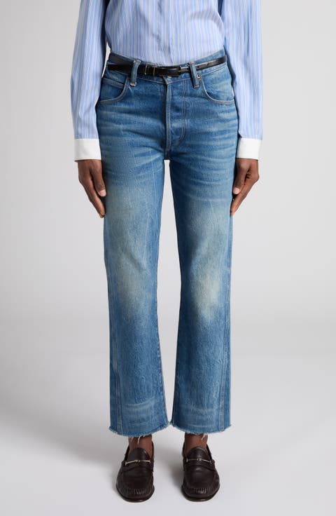 Stonewash Raw Hem Straight Leg Jeans