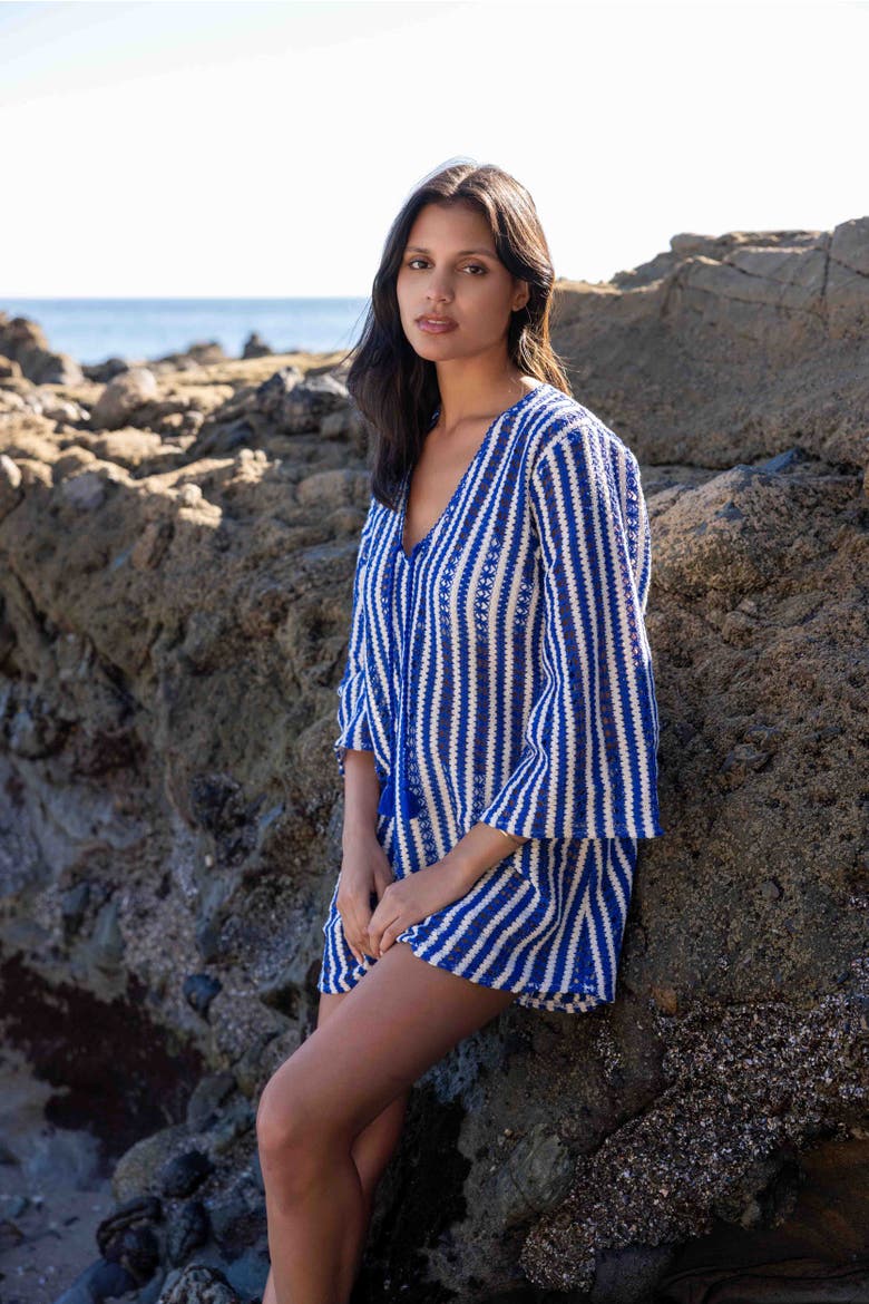 Sorrento Bell Sleeve Crochet Cover-up, Alternate, color, Azule Blue & White Stripes