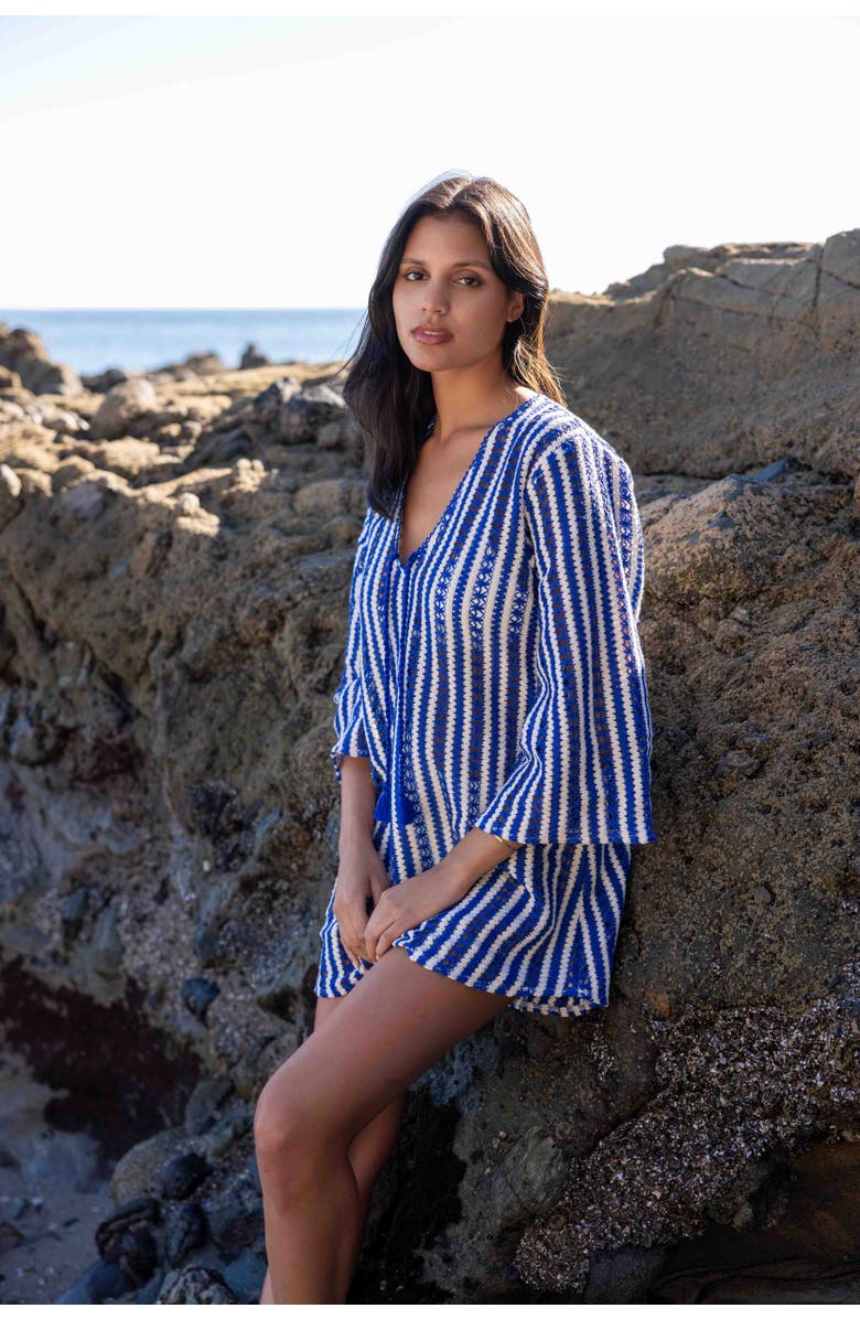 SITANO Sorrento Bell Sleeve Crochet Cover-up, Alternate, color, Azule Blue & White Stripes