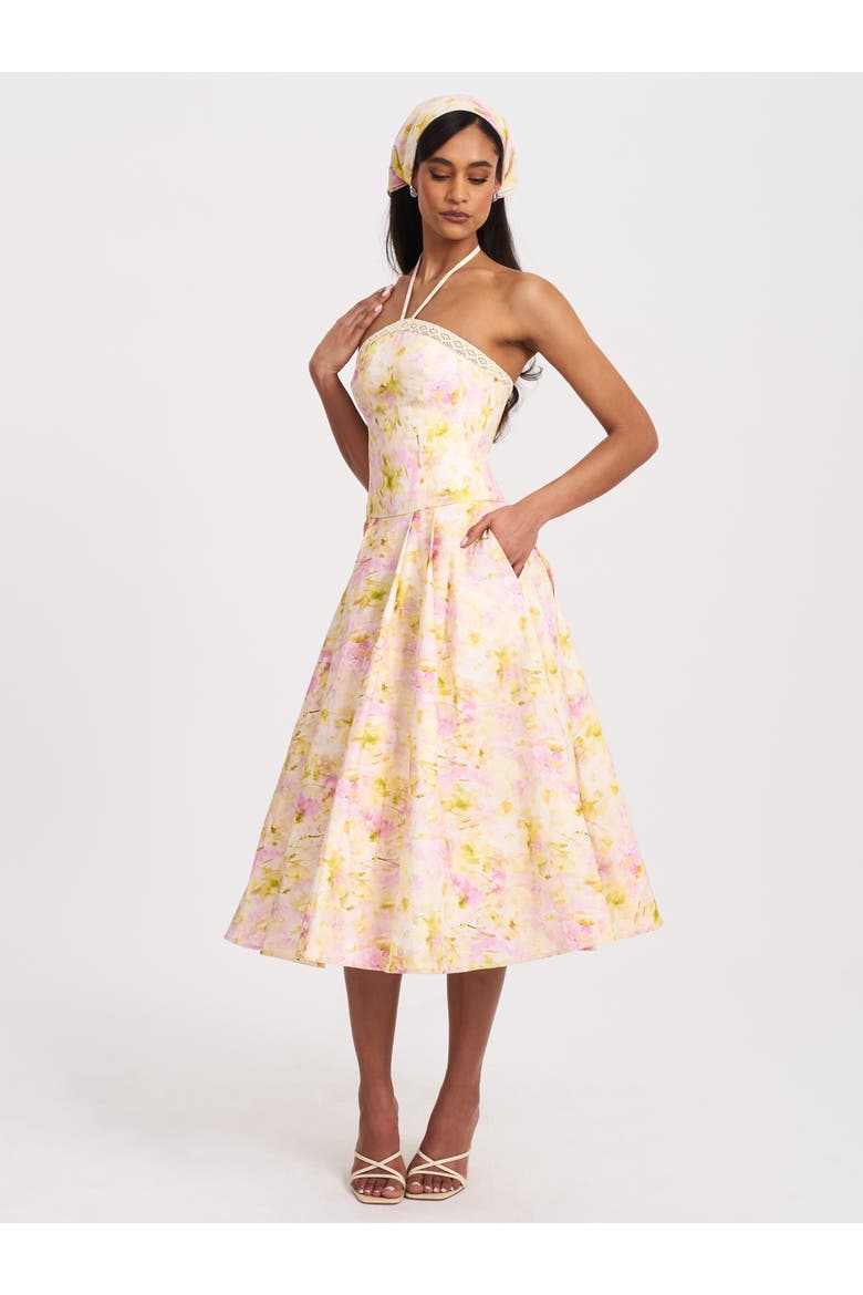 Zaina Floral Print Lace Trim Linen Midi Dress, Alternate, color, Yellow and pink floral print
