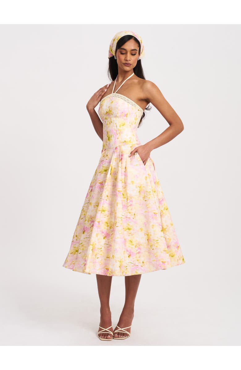 Miss Circle Zaina Floral Print Lace Trim Linen Midi Dress, Alternate, color, Yellow And Pink Floral Print