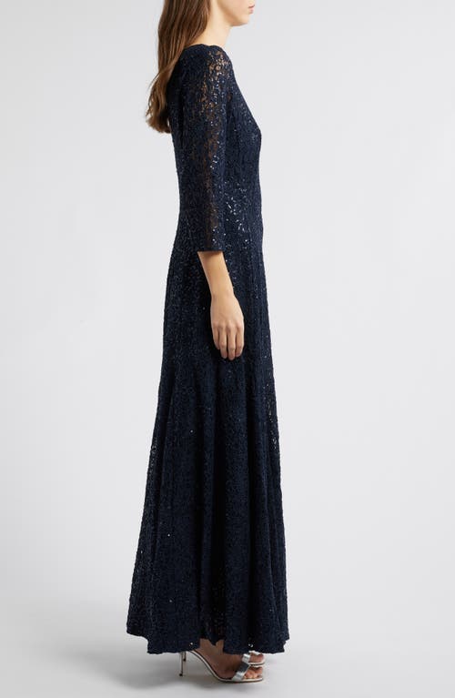 Tahari Asl Sequin Lace A-line Gown In Navy