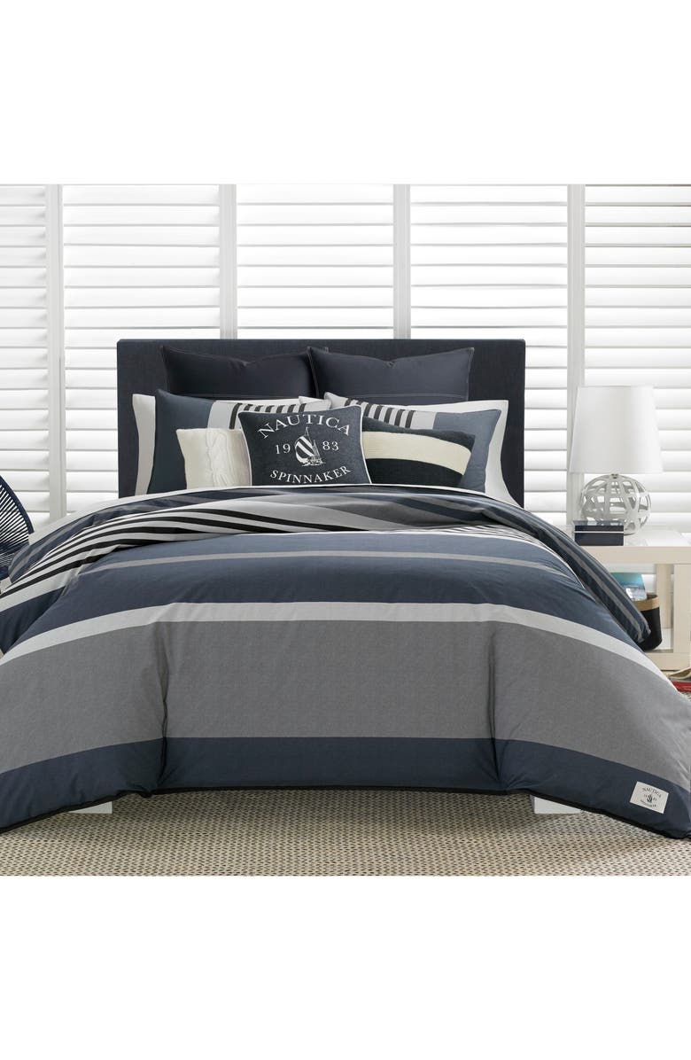 Nautica Rendon Stripe Duvet & Sham Set, Alternate, color, Charcoal