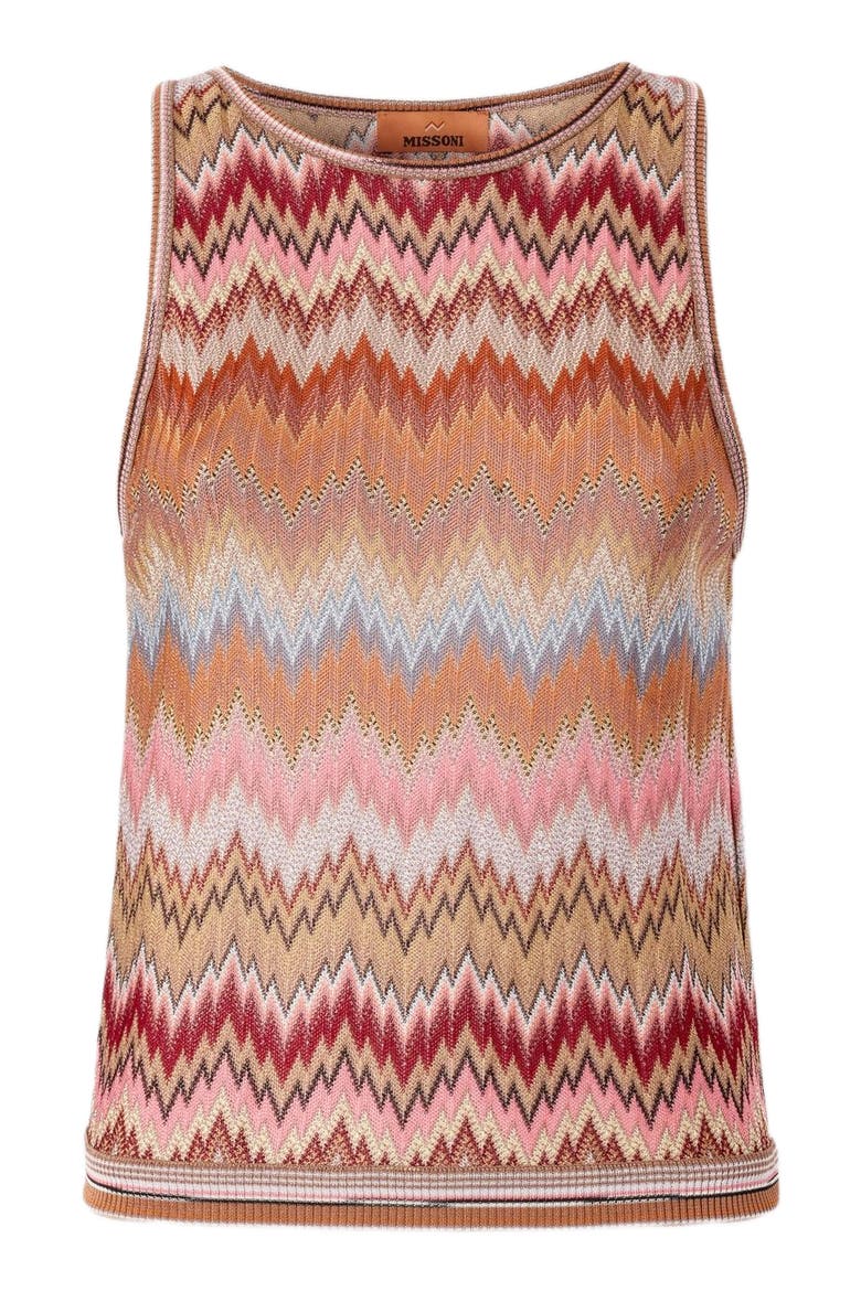 Sleeveless Top In Viscose Chevron With Snake Motif, Alternate, color, Pink & Rust