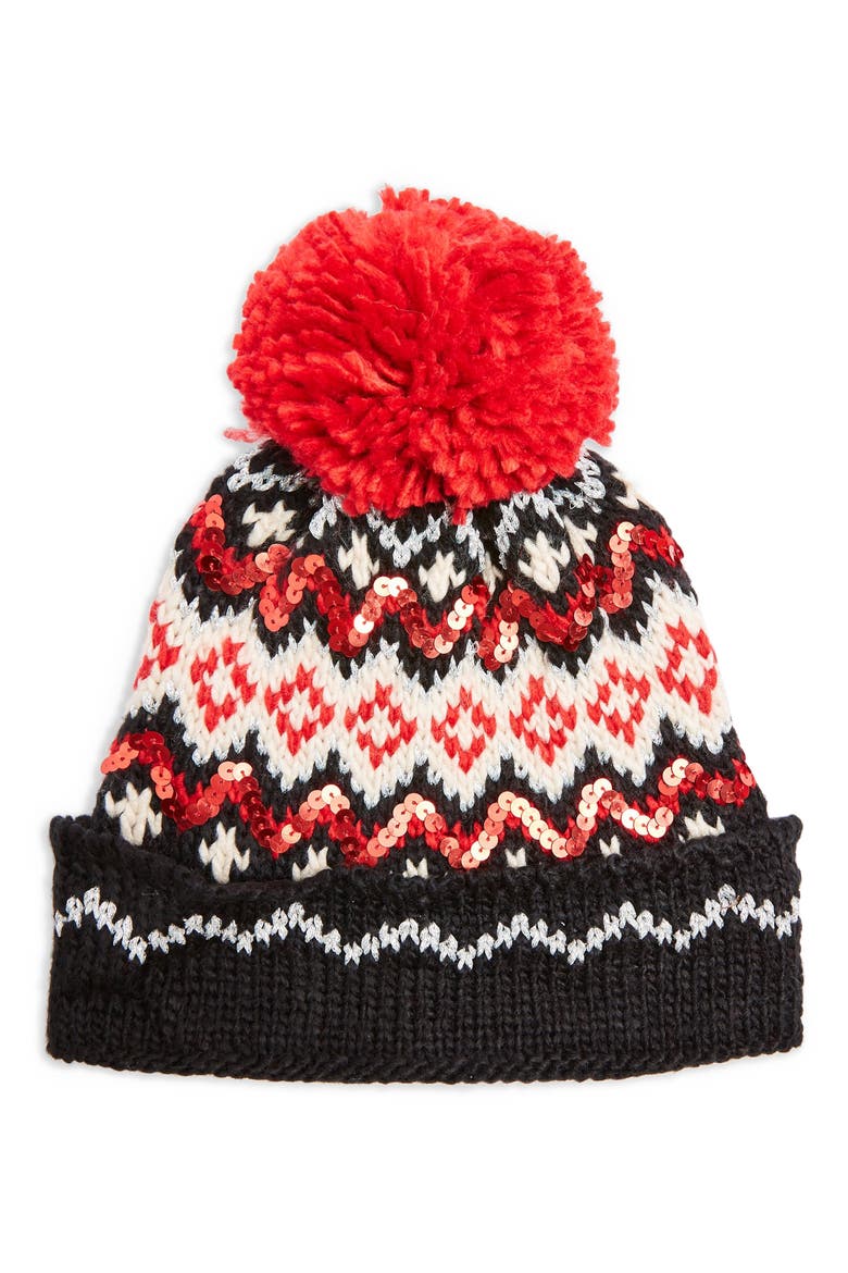 Sequin Fair Isle Pom Beanie, Main, color, BLACK MULTI
