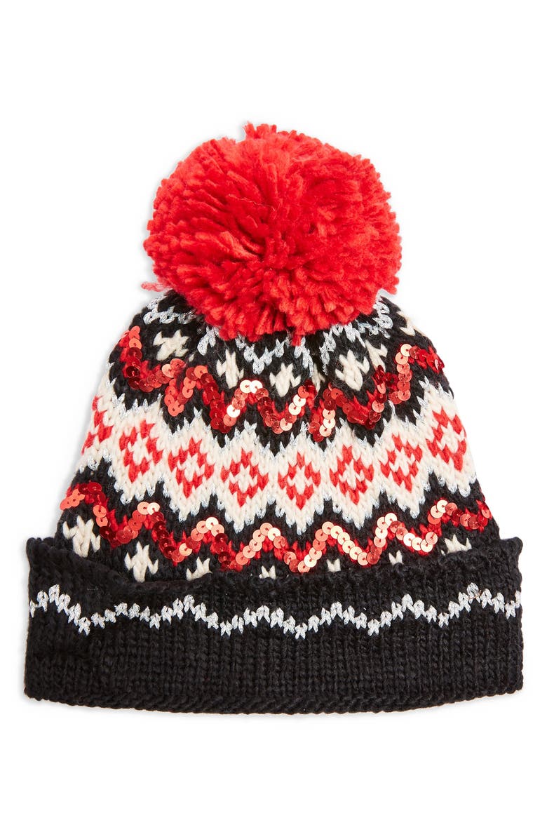 Topshop Sequin Fair Isle Pom Beanie, Main, color, 