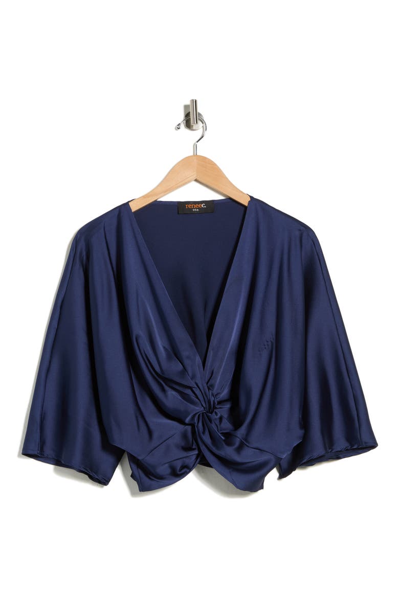 Plunge Neck Long Sleeve Twisted Knot Satin Top, Alternate, color, NAVY