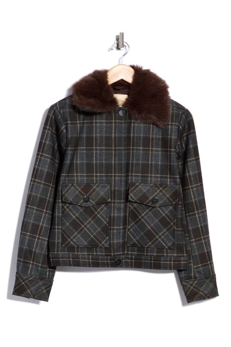 Plaid Jacket with Faux Fur Collar, Main, color, BROWN/ GREY PLAID