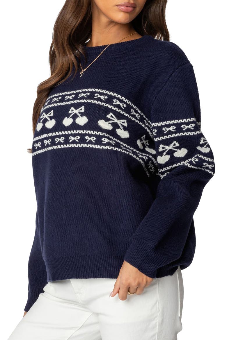 Holiday Cheer Hearts & Bows Fair Isle Crewneck Sweater, Alternate, color, NAVY