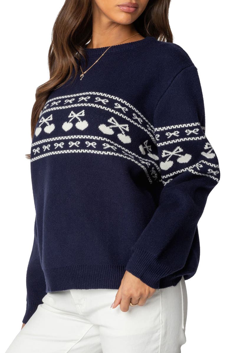 EDIKTED Holiday Cheer Hearts & Bows Fair Isle Crewneck Sweater, Alternate, color, Navy