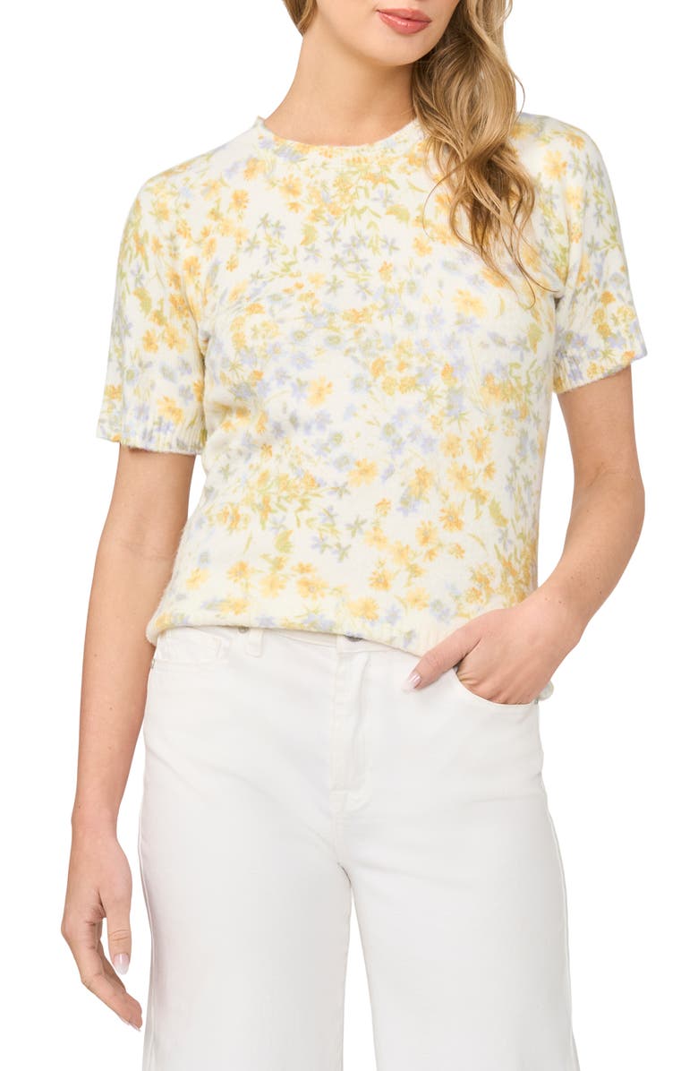 Halogen<sup>®</sup> Floral Print Short Sleeve Sweater, Main, color, New Ivory