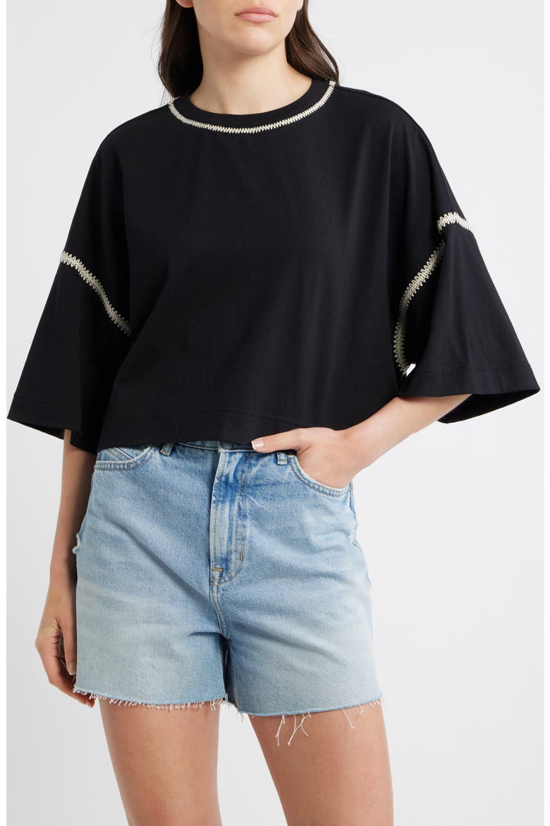 Crochet Trim Cotton Batwing Top, Main, color, BLACK