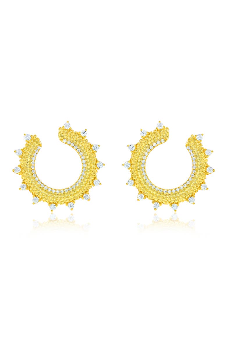 Cubic Zirconia Milgrain Sunburst Frontal Hoop Earrings, Main, color, YELLOW
