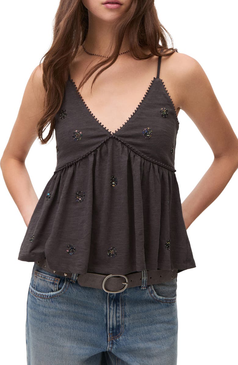 MANGO TEEN Sequin Embellished Babydoll Top, Main, color, Charcoal