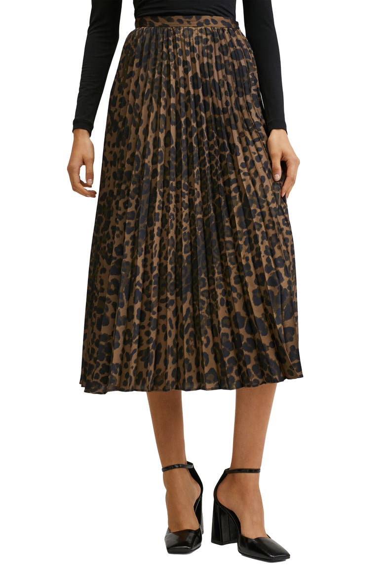 Animal Print Pleated A-Line Skirt, Main, color, BROWN