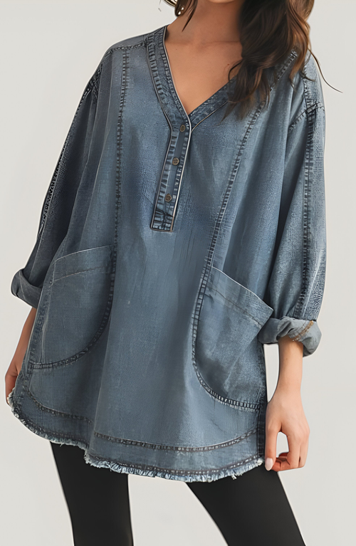 Modenaire Woven Denim Blouse With V-neck Placket And Patch Pockets In Blue