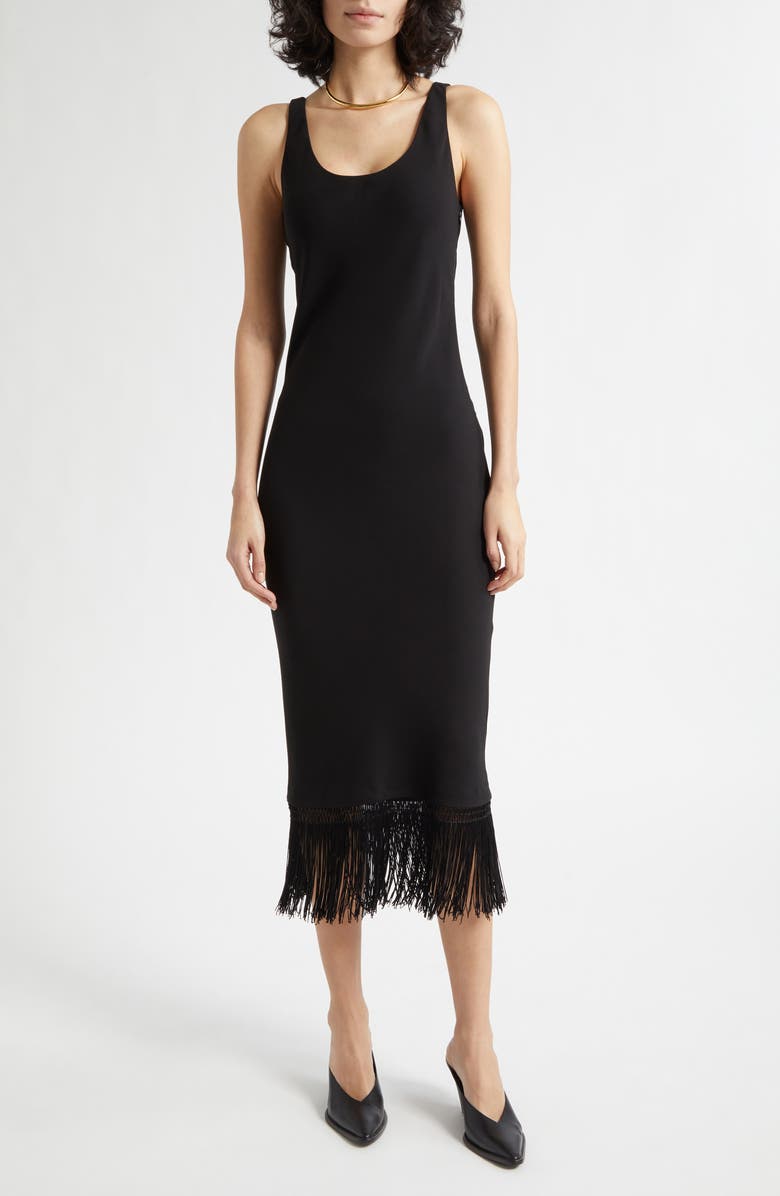 POSSE Bianca Fringe Hem Midi Dress, Main, color, Black