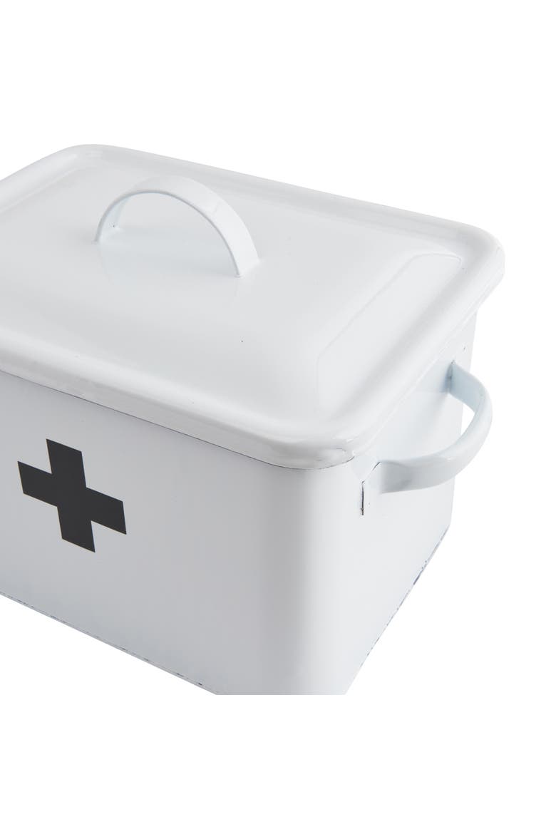 Enameled Metal First Aid Box with Lid and Swiss Cross, White and Black, Alternate, color, White