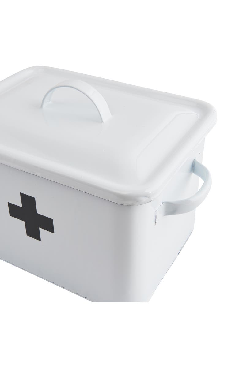 Storied Home Enameled Metal First Aid Box with Lid and Swiss Cross, White and Black, Alternate, color, White