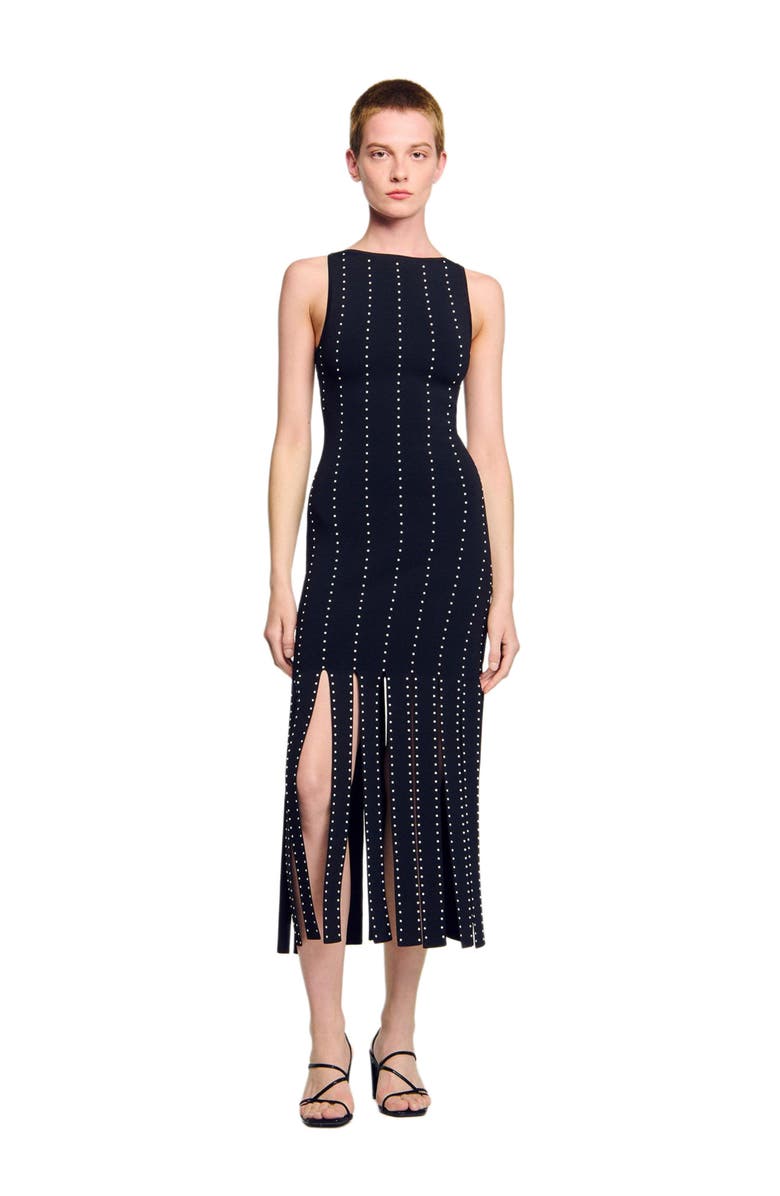 SANDRO Fringed knit midi dress, Alternate, color, 