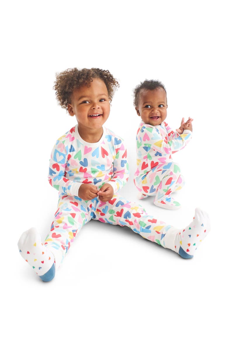 Primary Kids Organic Long Sleeve Pj Set In Rainbow Candy Hearts, Alternate, color, Ivory Rainbow Candy Hearts