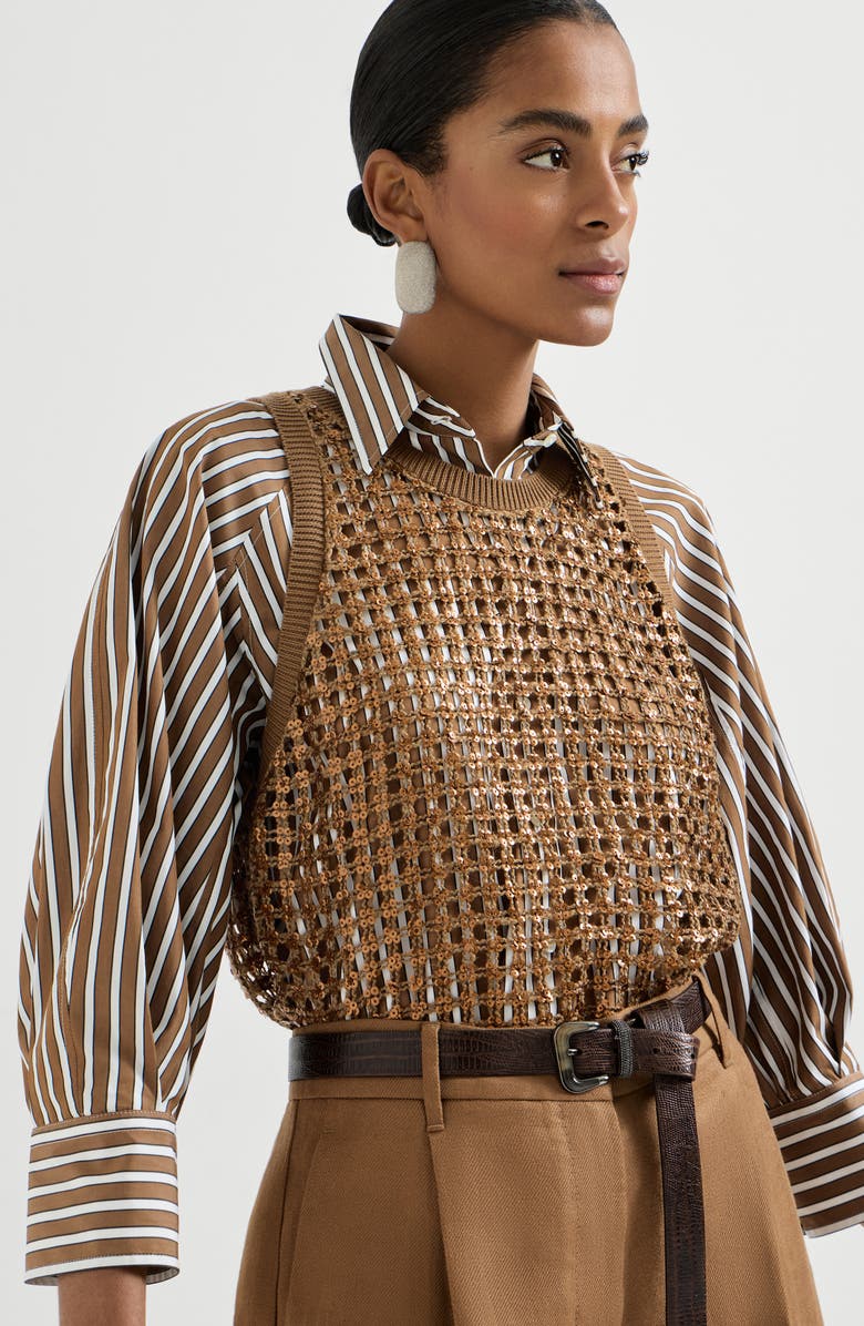 Brunello Cucinelli Dazzling Net Embroidery top, Alternate, color, Brown