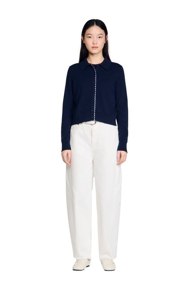 SANDRO Striped wool-cashmere cardigan, Alternate, color, Navy Blue