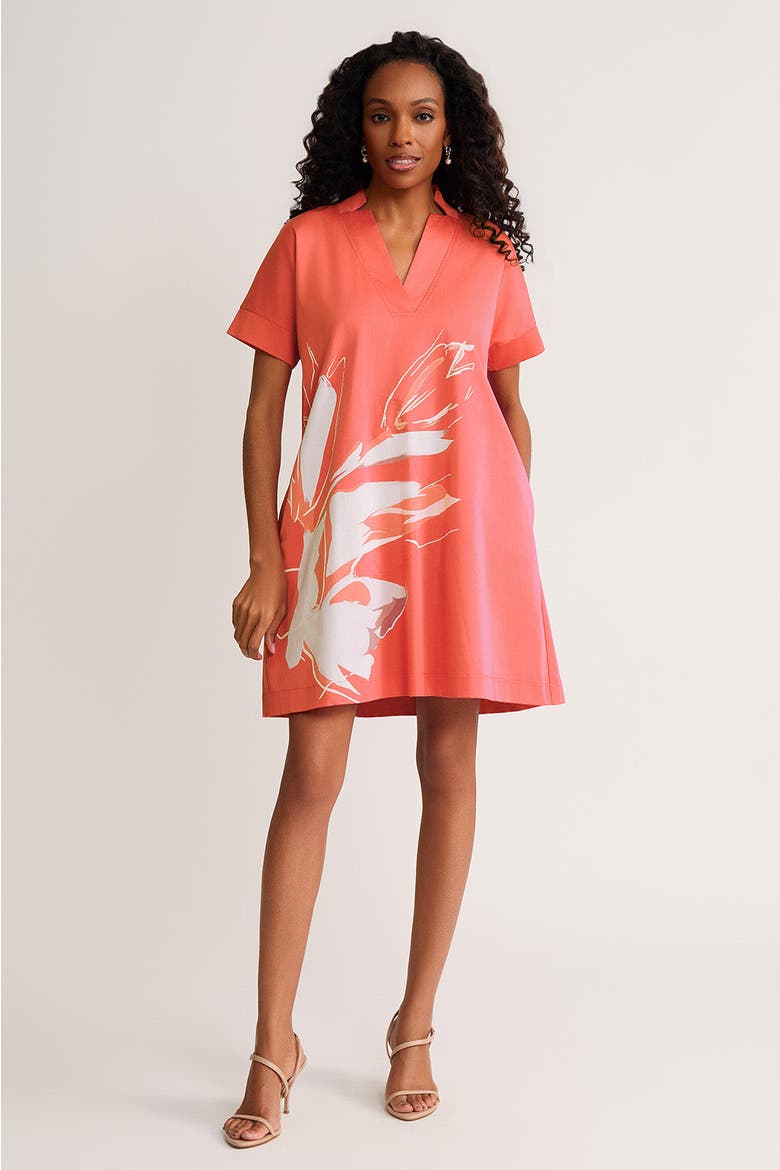 Relaxed A-Line Floral Printed Stretch Cotton Dress, Main, color, Sunkist Coral/White