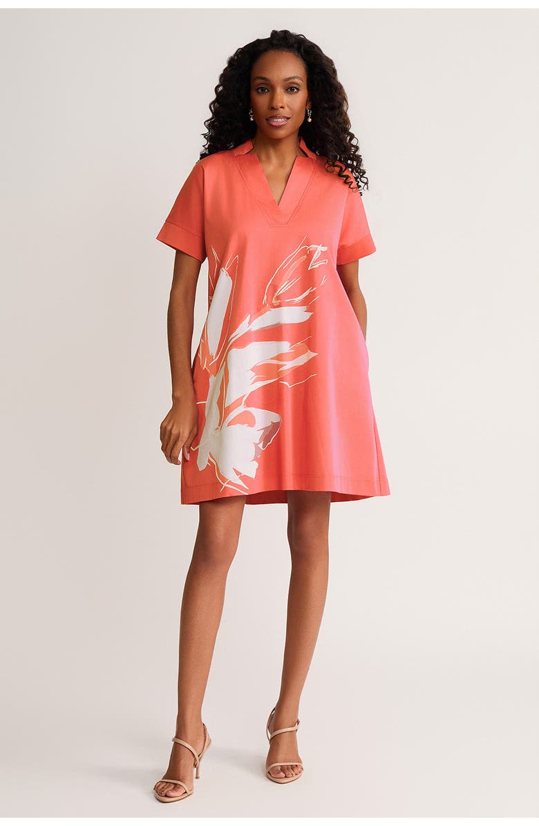 Ming Wang Relaxed A-Line Floral Printed Stretch Cotton Dress, Main, color, Sunkist Coral/White