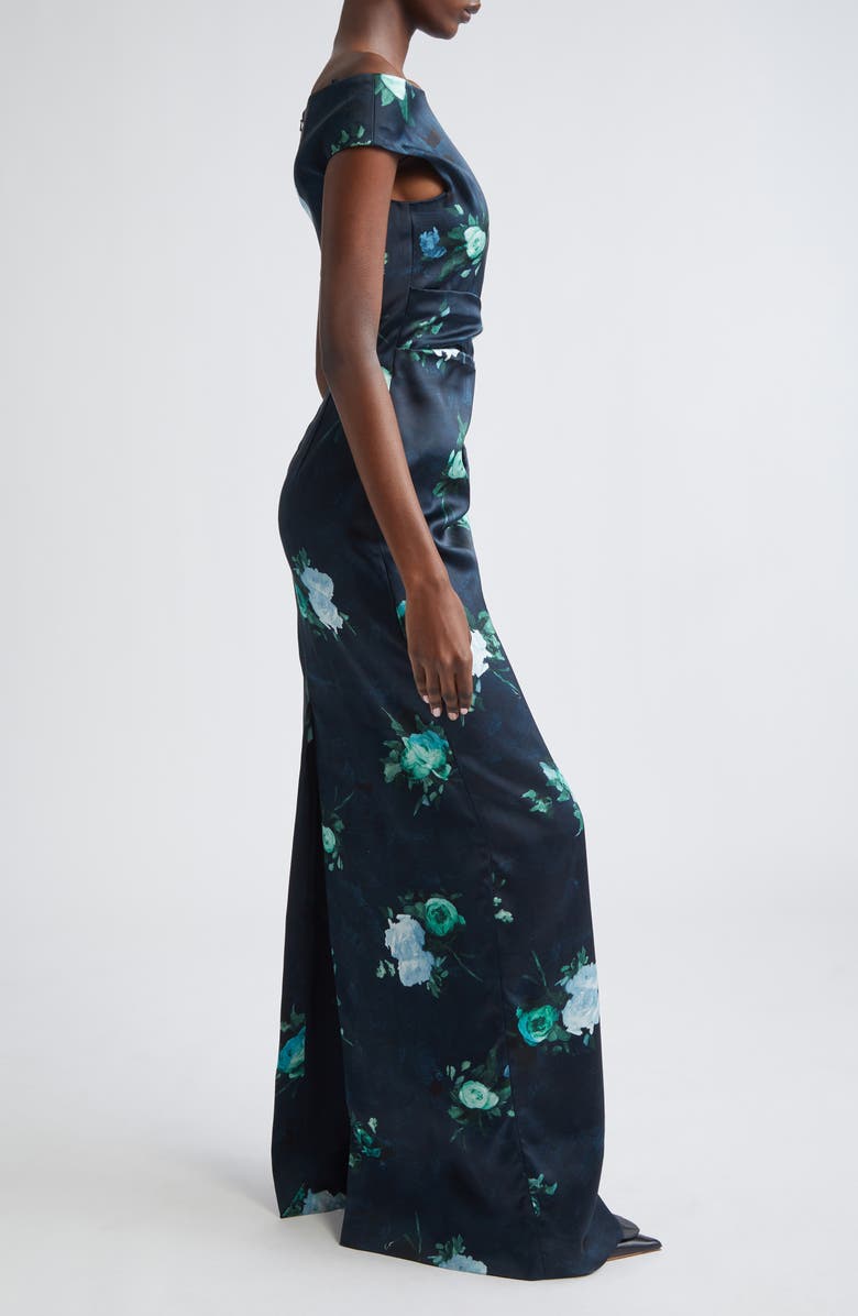 Erdem Floral Print Off The Shoulder Duchesse Satin Gown, Alternate, color, Abstract Rose Navy