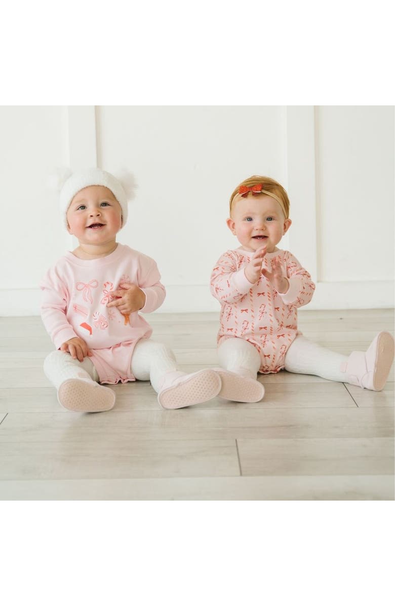 Sweet Wink Candy Cane Lane Christmas Long Sleeve Romper, Alternate, color, Ballet Pink