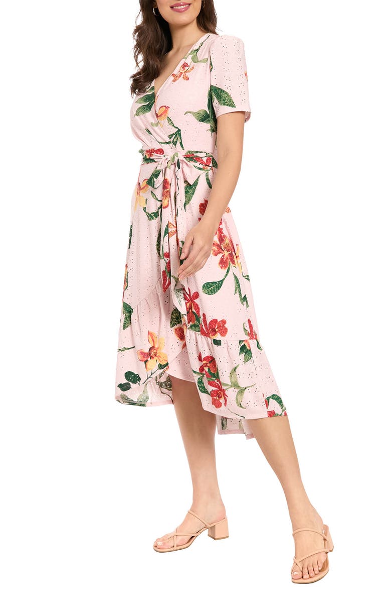 London Times Floral Eyelet Short Sleeve Faux Wrap Dress, Alternate, color, Pink/ Yellow