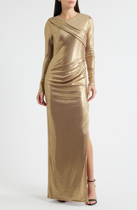Marika Metallic Draped Long Sleeve Gown