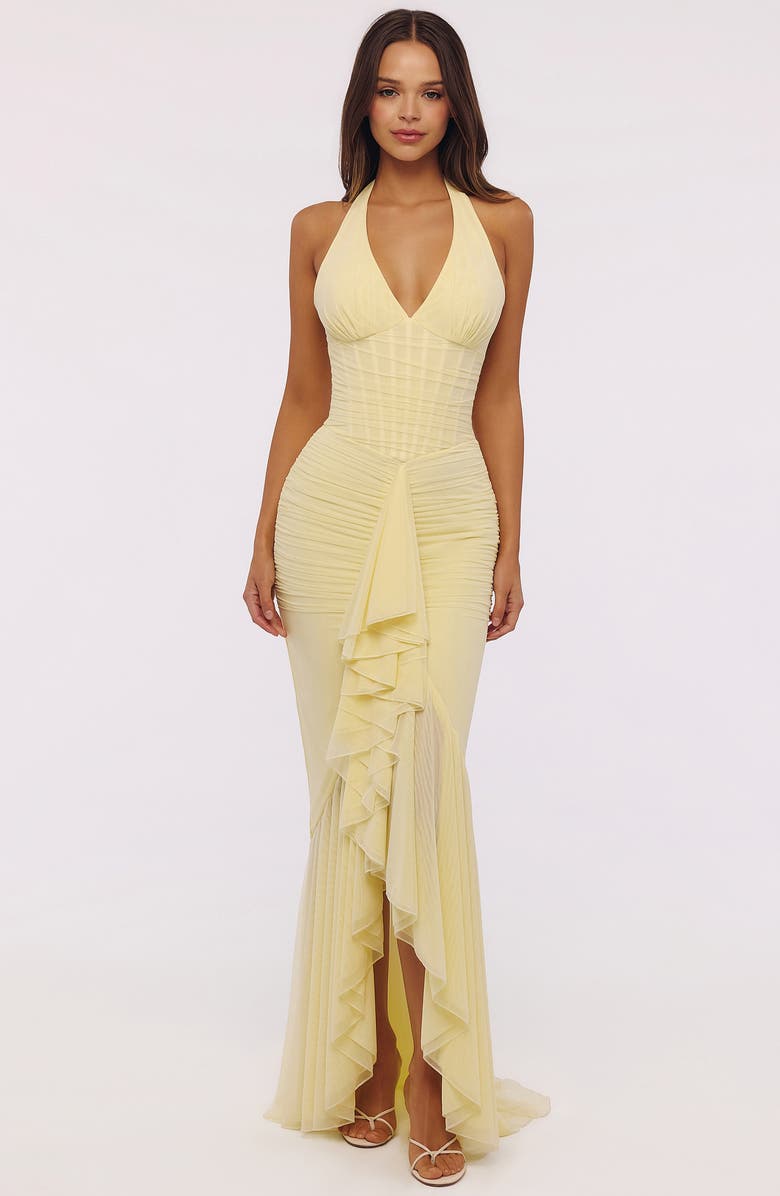 HOUSE OF CB Carmine Ruched Mesh Halter Dress, Alternate, color, Lemon Yellow