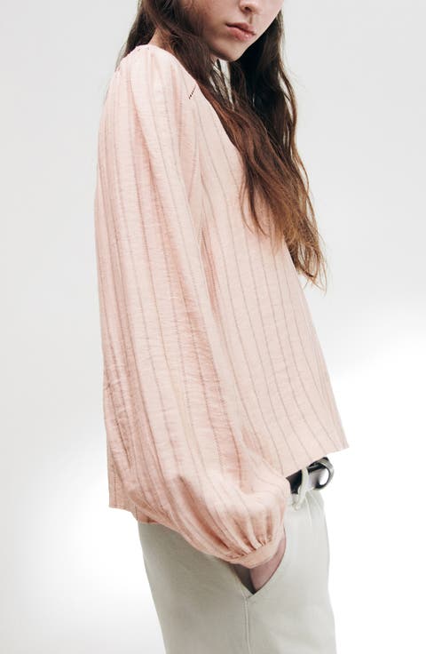 Striped V-Neck Top with Openwork Details