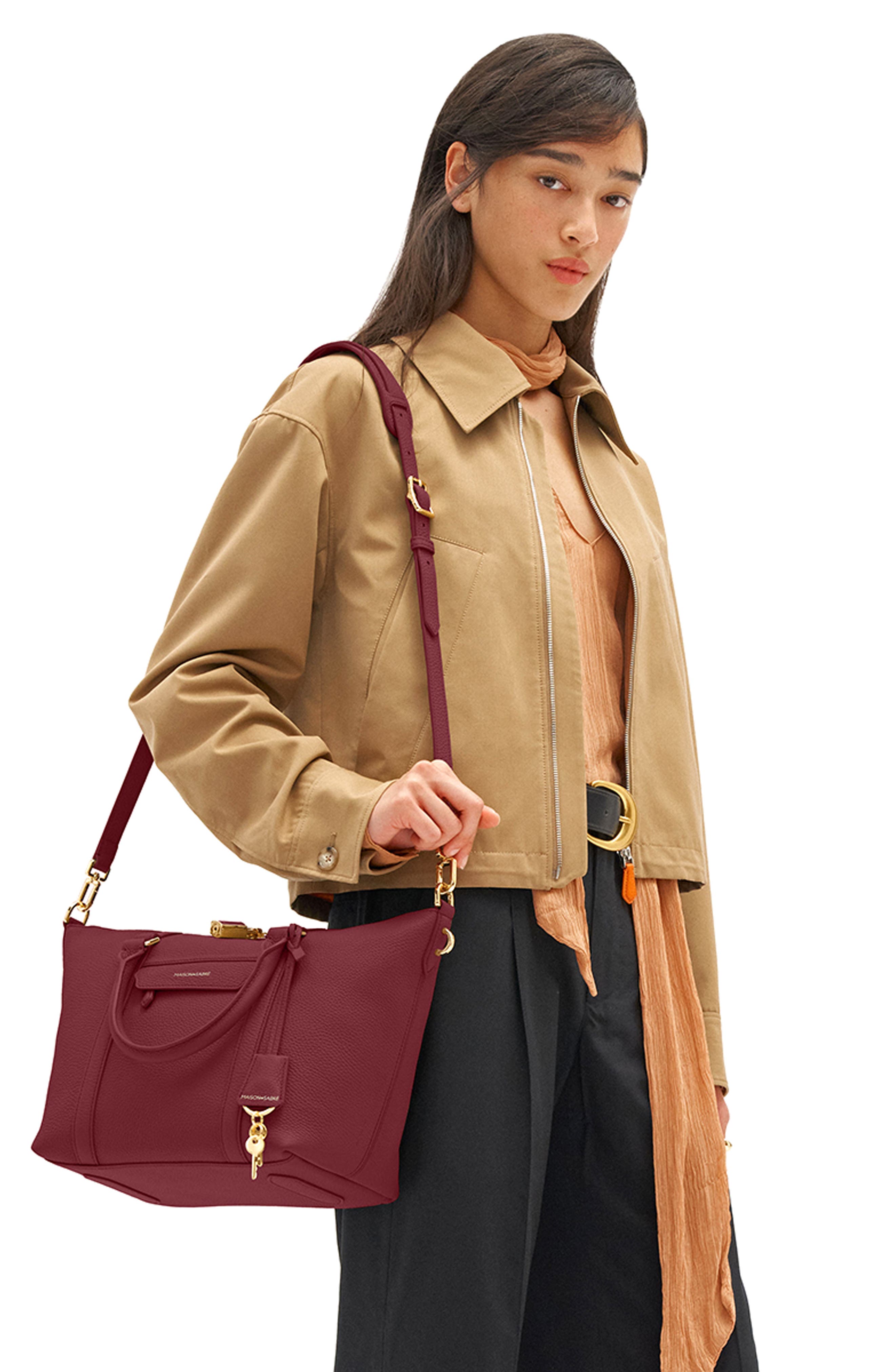 Small Leather Weekender, Alternate, color, Plum Red