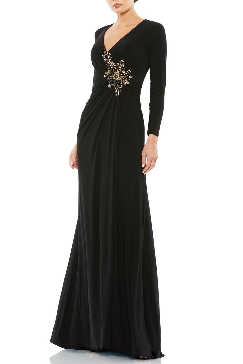 Faux Wrap Long Sleeve Appliqué Detail Gown, Main, color, BLACK