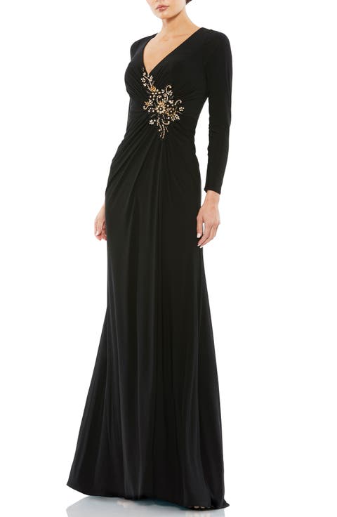 Faux Wrap Long Sleeve Appliqué Detail Gown