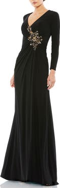 Mac Duggal Faux Wrap Long Sleeve Appliqué Detail Gown