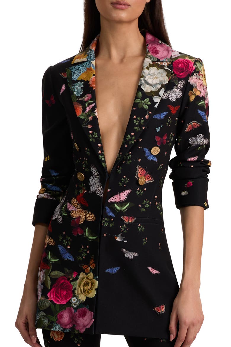 Mya Butterfly & Floral Print Blazer, Main, color, SOLAR STRENGTH BLACK