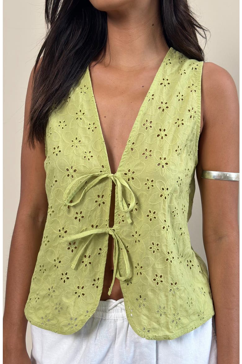 Kayve Eyelet Embroidered Tie Front Cotton Top, Alternate, color, LITTLE DAISY BRODERIE LIME