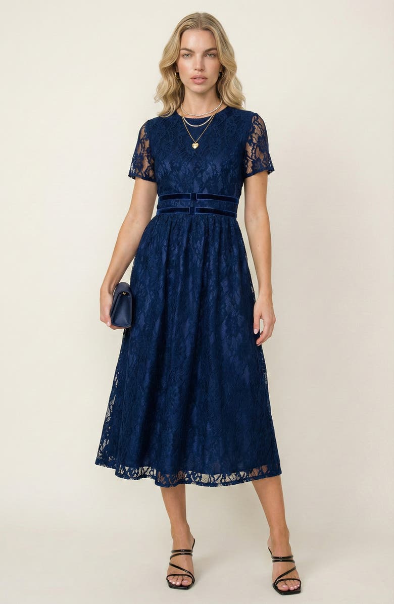 Modenaire Lace Midi Dress with Sheer Short Sleeves and Velvet Waistband Detail, Alternate, color, Navy
