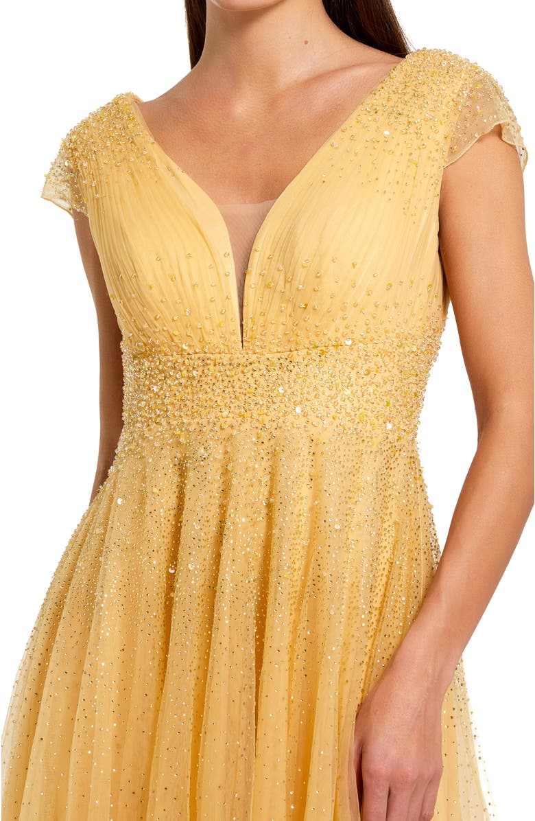 Mac Duggal Embellished Tulle Cap Sleeve V Neck Gown, Alternate, color, Gold